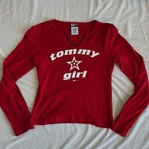 2002 Y2K Tommy Hilfiger Red Glittery 'Tommy Girl' Long Sleeve Logo Tee